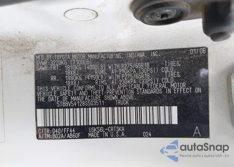 2008 Toyota Tundra Sr5 5.7L V8 from USA, damaged, VIN 5TBBV54128S503511